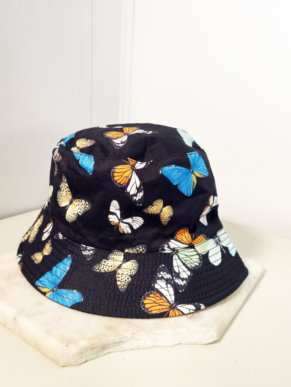 Reversible Butterfly Bucket Hat Black Multicolor Y2K Festival Boho One Size